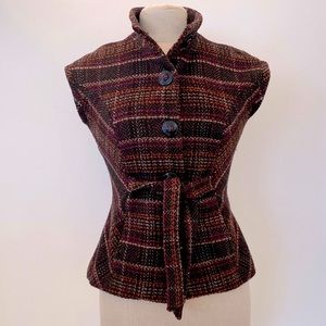 Cabi Womens Brown Hot Pink Plaid Cap Sleeve Tie Vest / Blazer / Size S